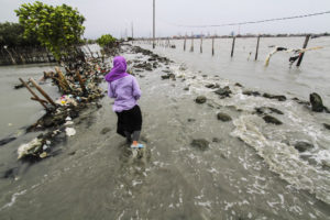 2018年2月，印度尼西亚爪哇中部，一名女子走过因海平面上升而破损的堤坝。