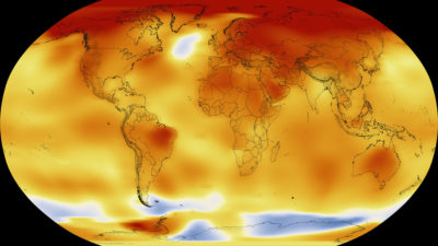 2016年全球温度异常，红色代表面积2摄氏度比20世纪平均值温暖，蓝色2度低于平均值。
