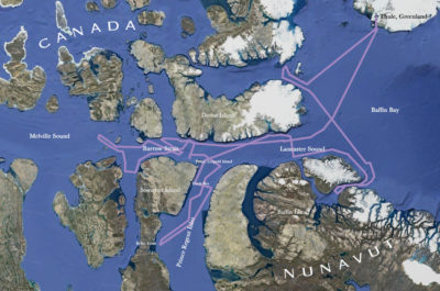 单击映射以放大。在西北通道项目于7月和8月出发的路线，从格陵兰州通过加拿大北极。